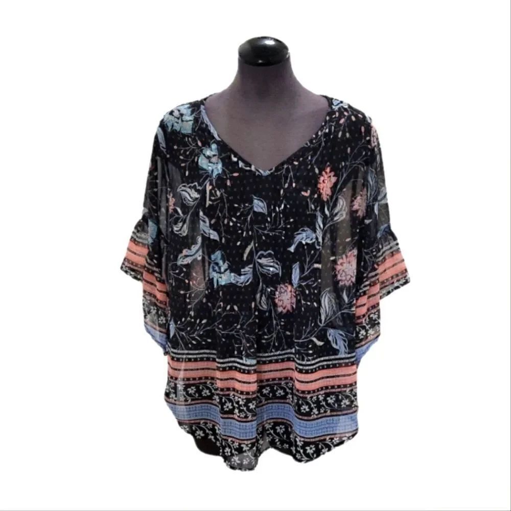 EC STYLE & COMPANY SHEER FLOWY BOHO FLORAL BLOUSE SZ.S